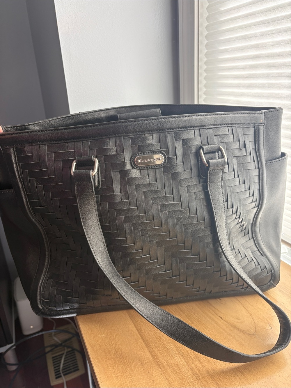 Black Woven Leather Longaberger Tote Bag Large Work Bag